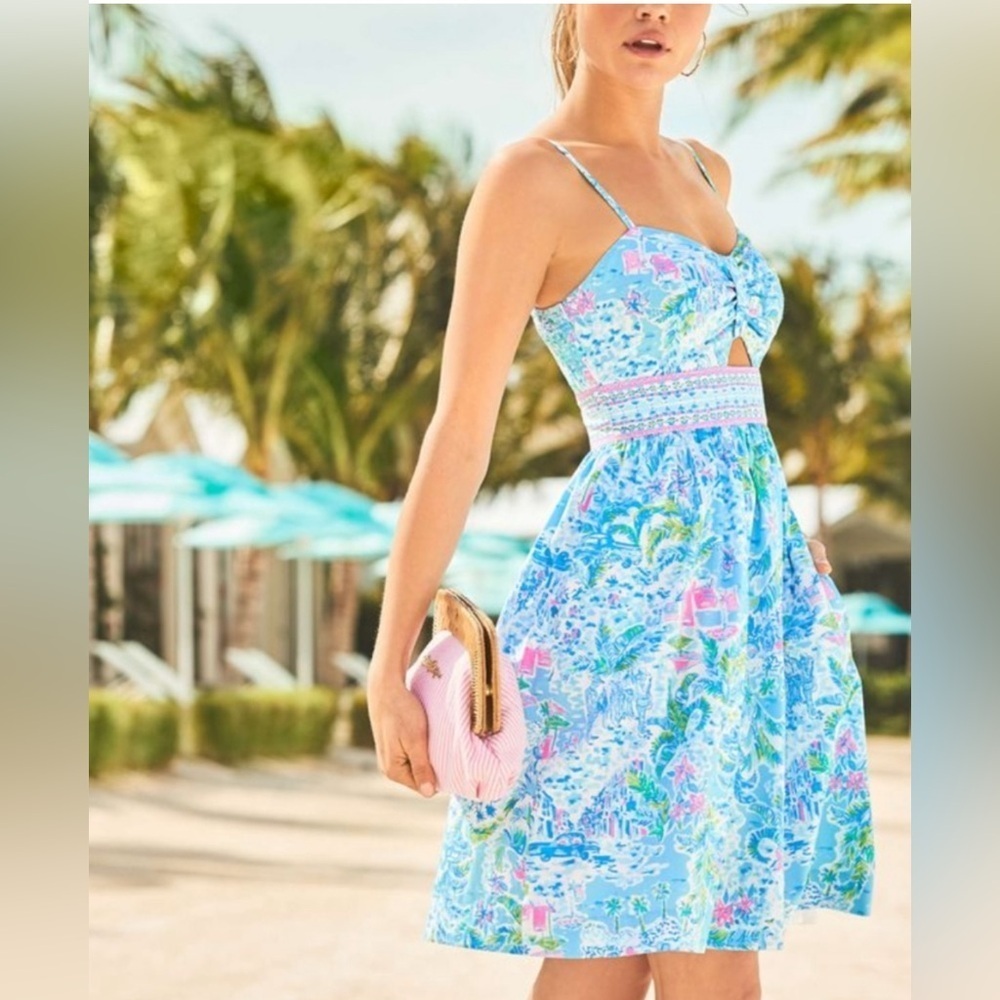 Lilly Pulitzer Katelyn blue & pink floral tropical spaghetti strap a line dress
